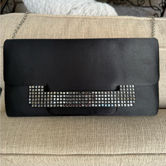 Black Satin with Mirrored Design Clutch Purse with Shoulder Chain Strap - Picture 1 of 5